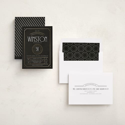 This is a charcoal holiday party invitations with foil pressed by Heather Schertzer called aged to perfection printing on signature in standard