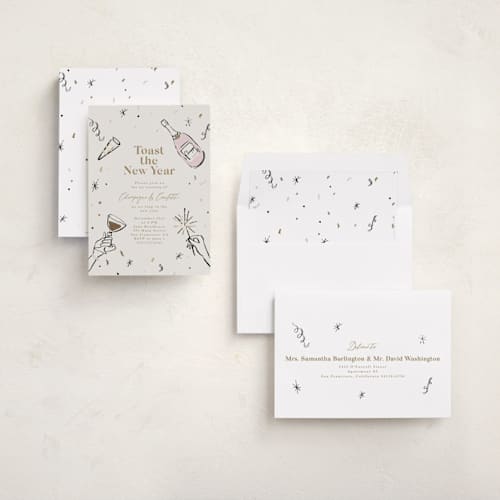 This is a champagne holiday party invitations with foil pressed by Cass Loh called champagne and confetti printing on signature in standard