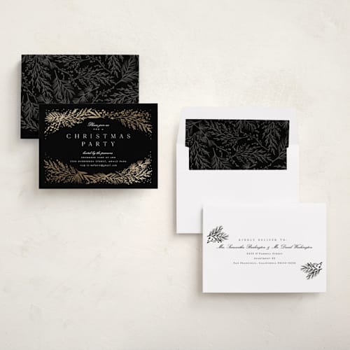 This is a midnight holiday party invitations with foil pressed by Amy Kross called spread cedars printing on signature in standard