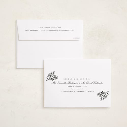 This is a midnight holiday party invitations with foil pressed by Amy Kross called spread cedars printing on signature in standard