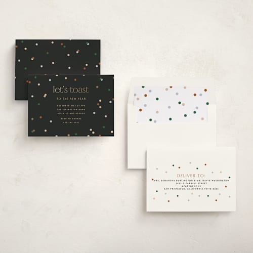 This is a midnight holiday party invitations with foil pressed by Ellen Schlegelmilch called let's toast printing on signature in standard