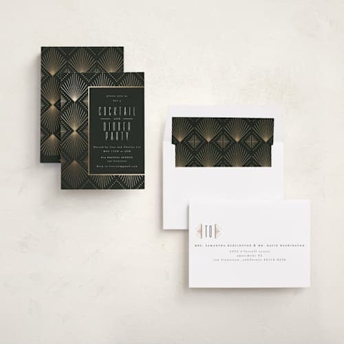 This is a onyx holiday party invitations with foil pressed by Ana de Sousa called deco pattern printing on signature in standard