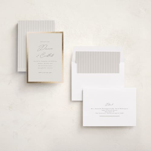 This is a sand holiday party invitations with foil pressed by Nicole Walsh called surround printing on signature in standard
