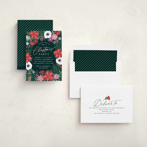 This is a coal holiday party invitations with foil pressed by Hooray Creative called christmas florals printing on signature in standard