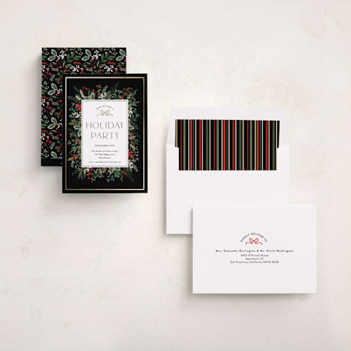 This is a ebony holiday party invitations with foil pressed by Susan Moyal called holiday bash printing on signature in standard
