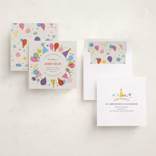 This is a candy holiday party invitations with foil pressed by Stephanie Hawkes called party ring printing on signature in standard