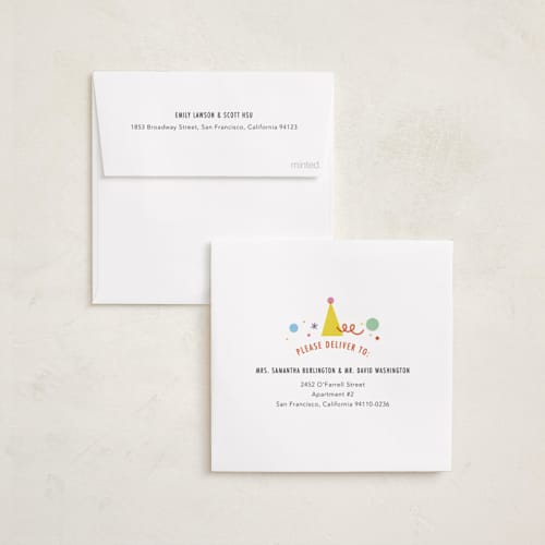 This is a candy holiday party invitations with foil pressed by Stephanie Hawkes called party ring printing on signature in standard