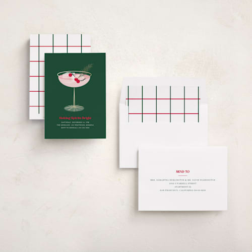 This is a evergreen holiday party invitations with foil pressed by Baumbirdy called holiday cocktail printing on signature in standard