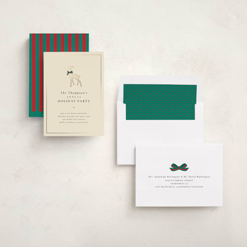 This is a creme holiday party invitations with foil pressed by mo kelley called decked out deer printing on signature in standard
