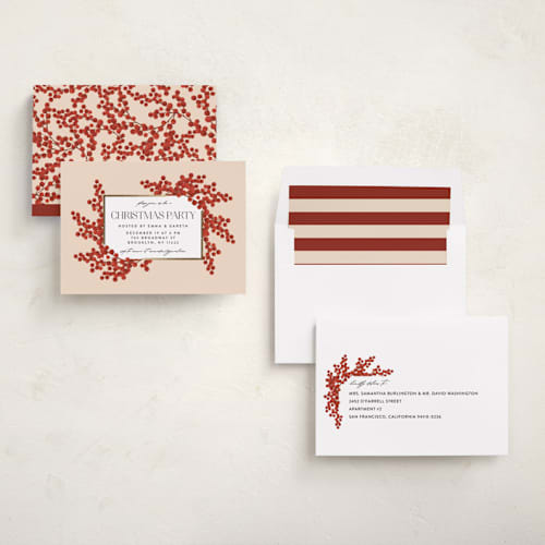 This is a blush holiday party invitations with foil pressed by Iveta Angelova called berry party printing on signature in standard