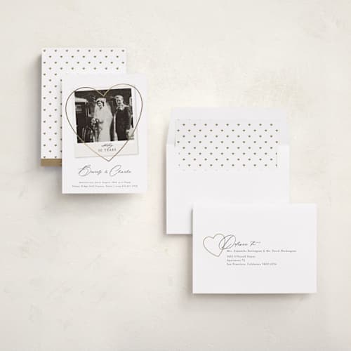 This is a pearl holiday party invitations with foil pressed by Stephanie Hawkes called vintage photo anniversary printing on signature in standard