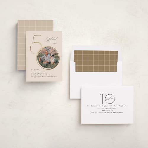 This is a ecru holiday party invitations with foil pressed by Creo Study called just a number printing on signature in standard