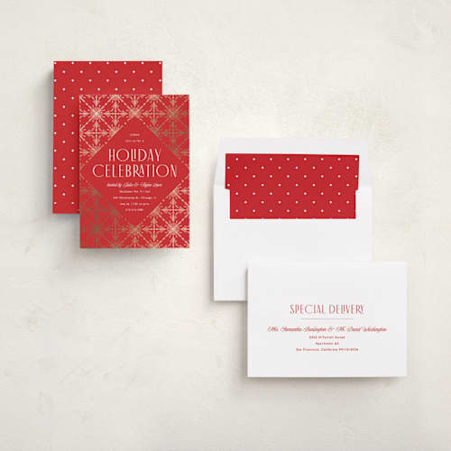 This is a cardinal holiday party invitations with foil pressed by Melanie Kosuge called filigree printing on signature in standard