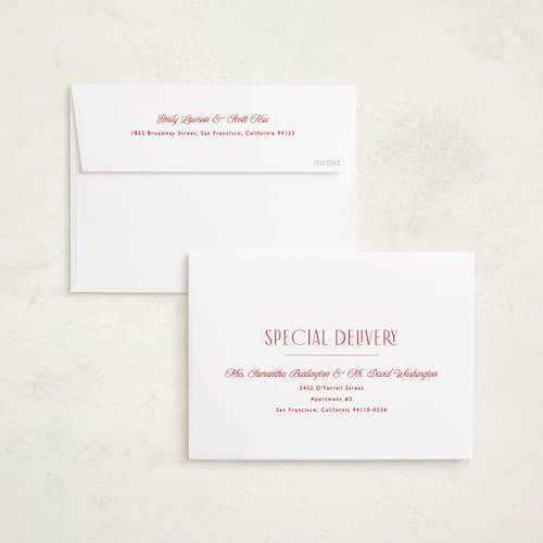 This is a cardinal holiday party invitations with foil pressed by Melanie Kosuge called filigree printing on signature in standard