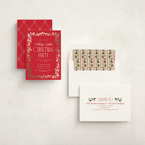This is a poinsettia holiday party invitations with foil pressed by Robert and Stella called holly border printing on signature in standard