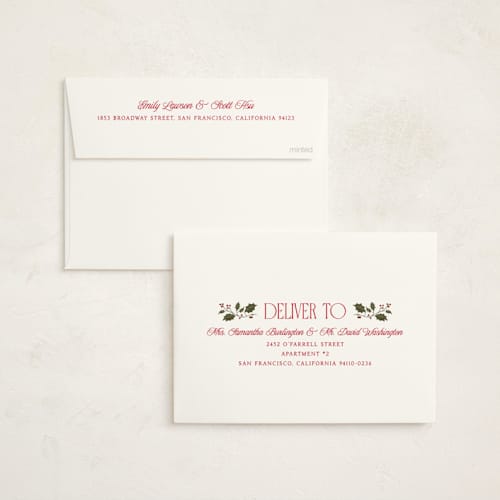 This is a poinsettia holiday party invitations with foil pressed by Robert and Stella called holly border printing on signature in standard
