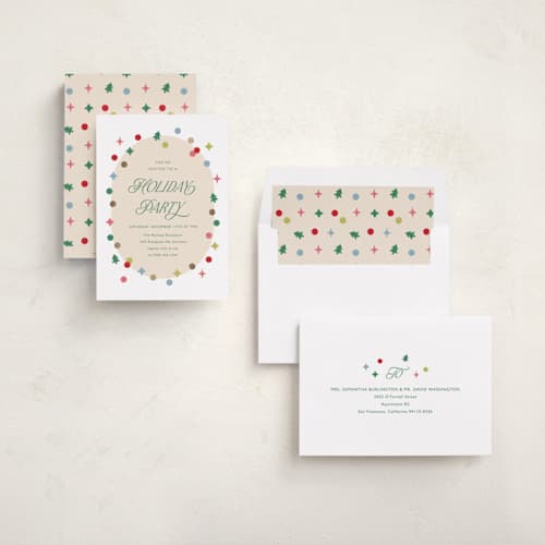 This is a rainbow holiday party invitations with foil pressed by Carolyn MacLaren called holiday confetti printing on signature in standard