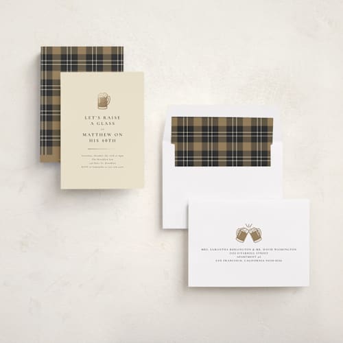 This is a creme holiday party invitations with foil pressed by mo kelley called raise a glass printing on signature in standard