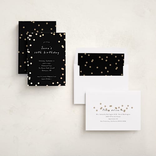 This is a midnight holiday party invitations with foil pressed by Erin L. Wilson called simple confetti printing on signature in standard