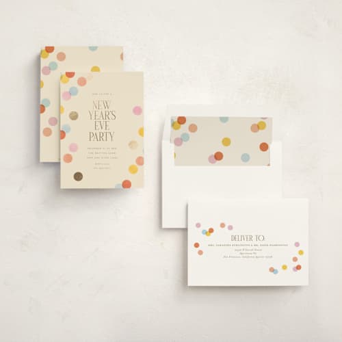 This is a coral holiday party invitations with foil pressed by Ellen Schlegelmilch called confetti dots printing on signature in standard