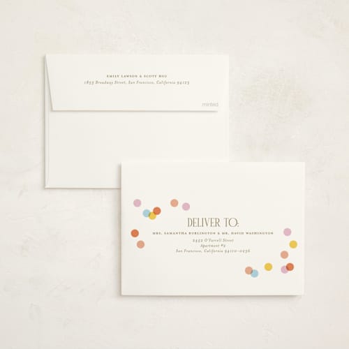 This is a coral holiday party invitations with foil pressed by Ellen Schlegelmilch called confetti dots printing on signature in standard