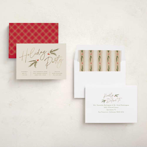 This is a cream holiday party invitations with foil pressed by Robert and Stella called holiday script printing on signature in standard