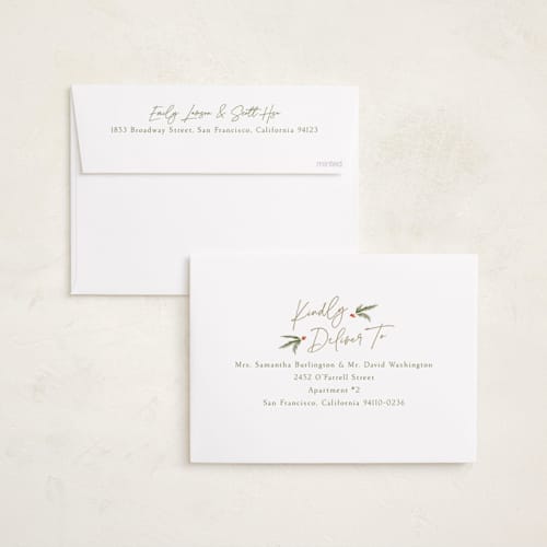 This is a cream holiday party invitations with foil pressed by Robert and Stella called holiday script printing on signature in standard