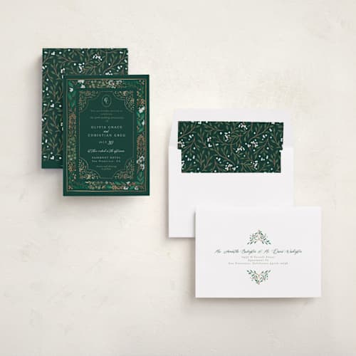 This is a evergreen holiday party invitations with foil pressed by Alethea and Ruth called illuminated storybook printing on signature in standard