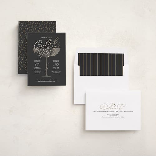 This is a midnight holiday party invitations with foil pressed by Paper Raven Co. called cocktails! printing on signature in standard