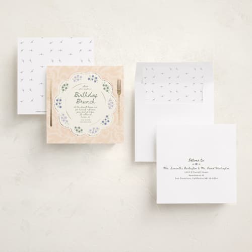 This is a buttercream holiday party invitations with foil pressed by Hannah Williams called birthday brunch table printing on signature in standard