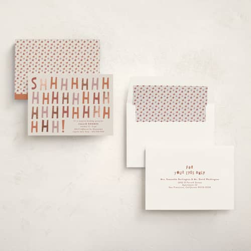 This is a caramel holiday party invitations with foil pressed by Gwen Bedat called shhhhhhhhh printing on signature in standard