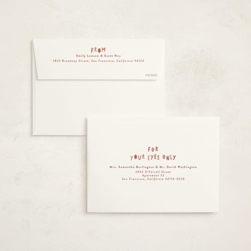 This is a caramel holiday party invitations with foil pressed by Gwen Bedat called shhhhhhhhh printing on signature in standard