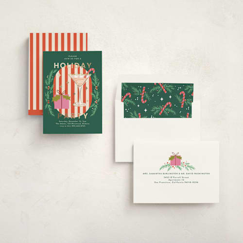 This is a wreath holiday party invitations with foil pressed by Yuliya Evseeva called holiday cocktail printing on signature in standard
