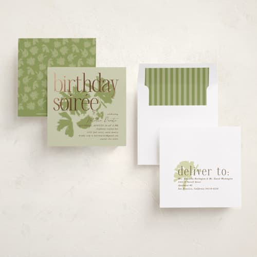 This is a tappenade holiday party invitations with foil pressed by Kamala Nahas called birthday soiree printing on signature in standard