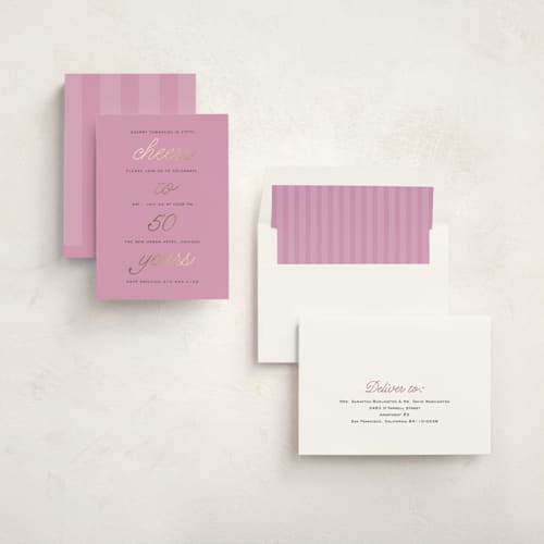 This is a lilac holiday party invitations with foil pressed by Louise Kay called cheers celebration printing on signature in standard