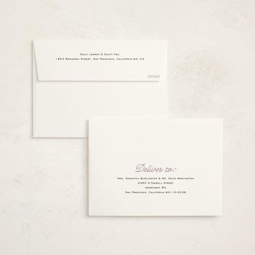 This is a lilac holiday party invitations with foil pressed by Louise Kay called cheers celebration printing on signature in standard