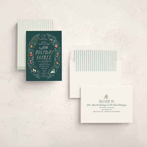This is a evergreen holiday party invitations with foil pressed by Hannah Williams called vintage bells printing on signature in standard