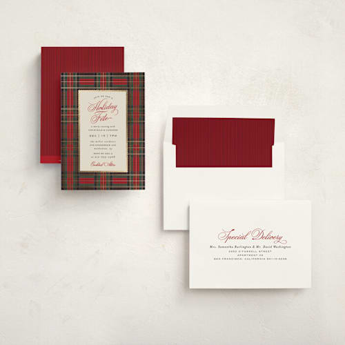 This is a cranberry holiday party invitations with foil pressed by Heather Schertzer called holiday fete printing on signature in standard