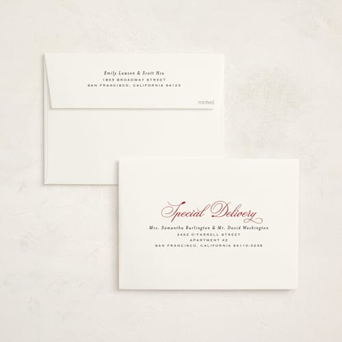 This is a cranberry holiday party invitations with foil pressed by Heather Schertzer called holiday fete printing on signature in standard