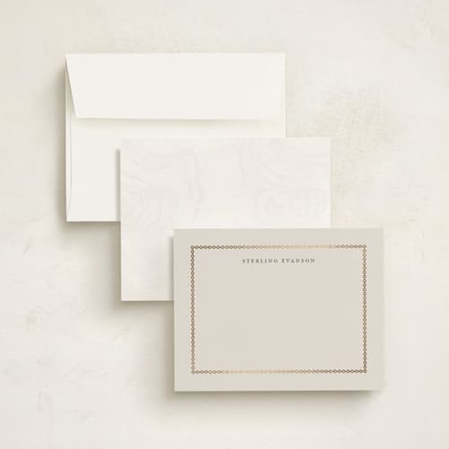 This is a cream foil stamped stationery with foil pressed by Melinda Denison called luxe printing on signature in 4.25x5.5