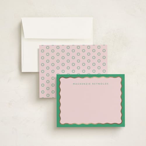 This is a peridot foil stamped stationery with foil pressed by Olivia Raufman called preppy twist printing on signature in 4.25x5.5