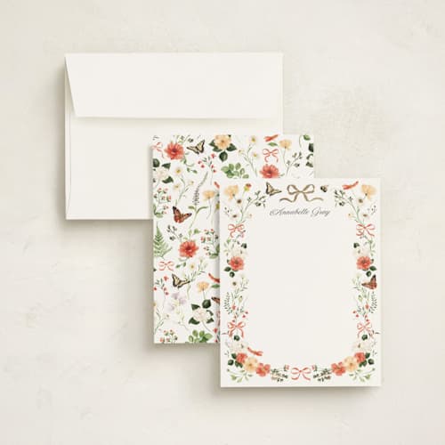 This is a verona sunset foil stamped stationery with foil pressed by Sarah Knight called fleur printing on signature in 4.25x5.5