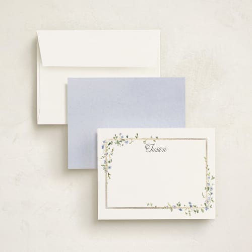 This is a bluebell foil stamped stationery with foil pressed by Everett Paper Goods called flowering vine printing on signature in 4.25x5.5
