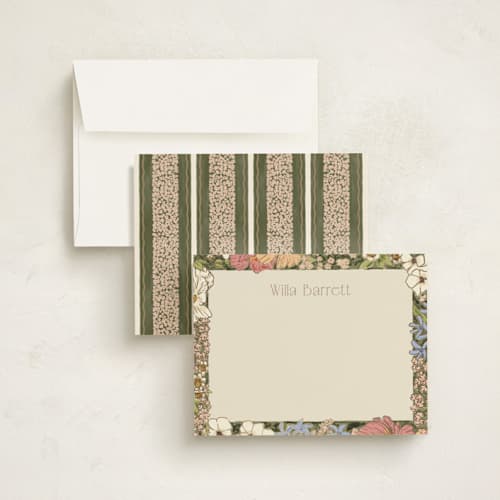 This is a sherbet foil stamped stationery with foil pressed by Leah Bisch called in the garden printing on signature in 4.25x5.5
