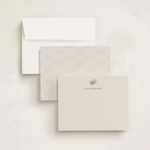 This is a sand foil stamped stationery with foil pressed by Hannah Bowman called simple seashell printing on signature in 4.25x5.5
