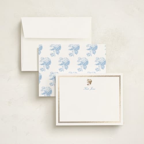This is a sky blue foil stamped stationery with foil pressed by Megan Davis called cheseapeake printing on signature in 4.25x5.5