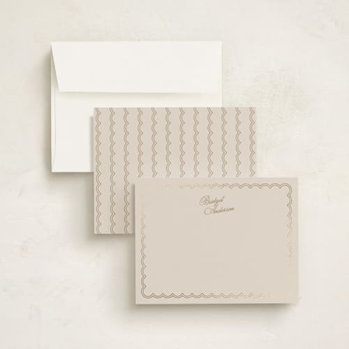 This is a linen foil stamped stationery with foil pressed by Cass Loh called gilded scallop printing on signature in 4.25x5.5