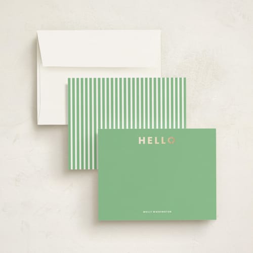 This is a avocado foil stamped stationery with foil pressed by taylorVdesign called simple hello printing on signature in 4.25x5.5
