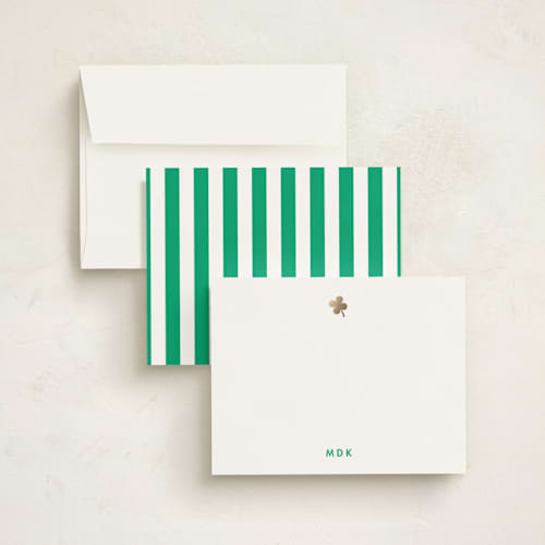 This is a clover foil stamped stationery with foil pressed by mo kelley called lucky four printing on signature in 4.25x5.5