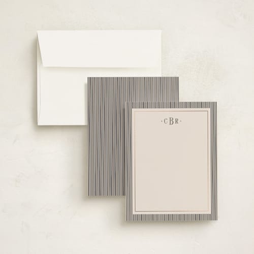 This is a linen foil stamped stationery with foil pressed by Kelly Schmidt called striped elegance printing on signature in 4.25x5.5